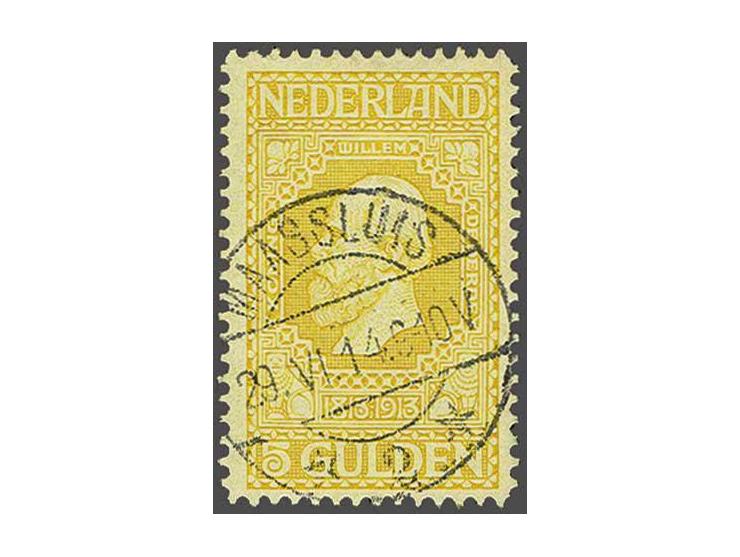 5 gulden geel met luxe afdruk langebalkstempel Maassluis 2, pracht ex.