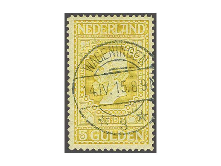 5 gulden geel met luxe afdruk langebalkstempel Wageningen 3, pracht ex. 