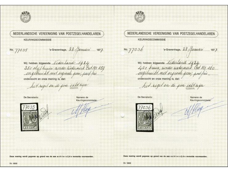 35 cent olijfbruin en 40 cent bruin zonder watermerk met 2 certificaten NVPH 1977, cat.w. 410