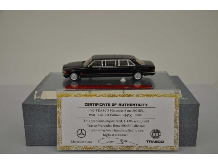 Mercedes-Benz 500 SEL, Trasco, 496 of 500, 1:43, black, Near Mint (window frame left slightly loose).