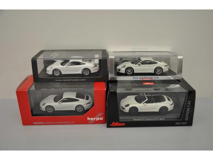 Porsche 911 Carrera 4S, Herpa, 1:43, white, Near Mint (outer carton slightly damaged), Porsche 911 Carrera GTS Cabrio, Schuco