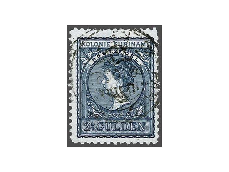 Veth 2½ gulden zwartblauw met (vlekkerig) korte balk PARAMARIBO K.P.S. 6.10.21 (volgens Erfmann/Stuut, pag.375, 3 gevlekte af