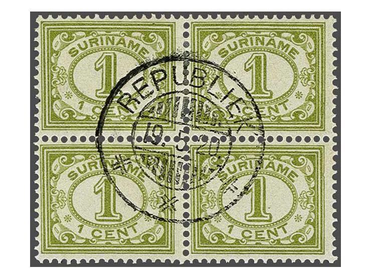 Cijfer 1 cent olijfgroen in blok van 4 met luxe centrale afdruk stationsstempel Republiek 19-5-1920, pracht ex., - zeldzaam s