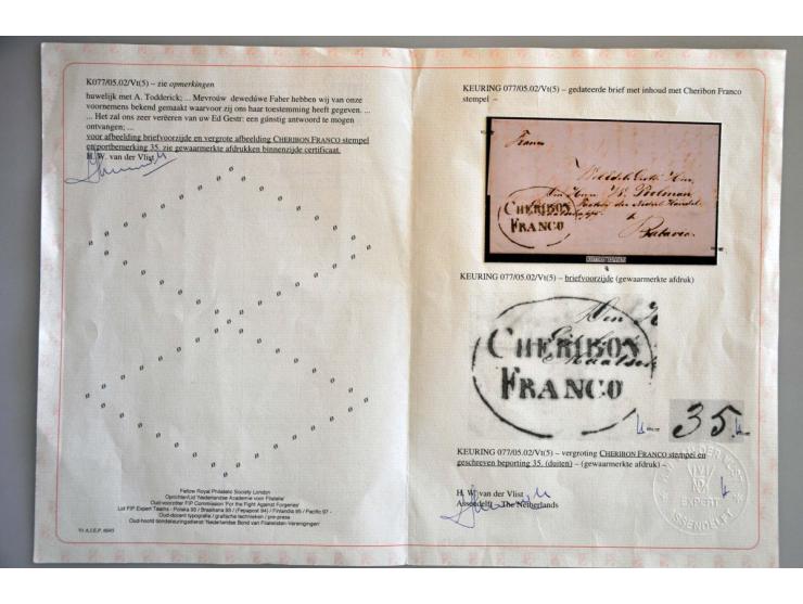 10 poststukken w.b. EO en envelop met nr.1, tevens EO brief Ned.-Indië (jan.1859) met pracht afdruk CHERIBON FRANCO in zwart 