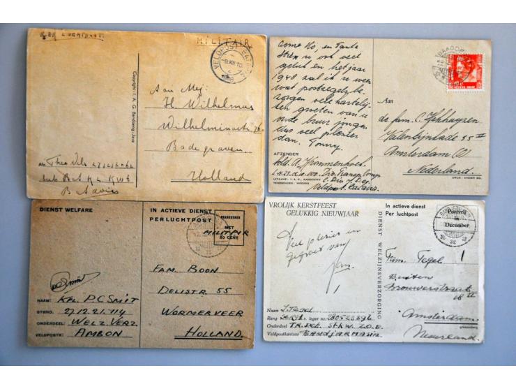 5 geïllustreerde prentbriefkaarten 1948-1949, militair portvrij en 1 ex. 1947 met 10 cent, alle naar Nederland