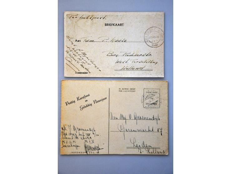 5 geïllustreerde prentbriefkaarten 1948-1949, militair portvrij en 1 ex. 1947 met 10 cent, alle naar Nederland