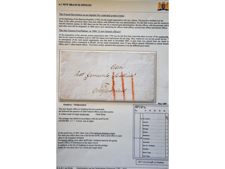 Bijkantoren 1805-1811, 5 gedateerde poststukken w.b. vooruitbetaald port en verschillende porten w.b. bovenport, geschreven O