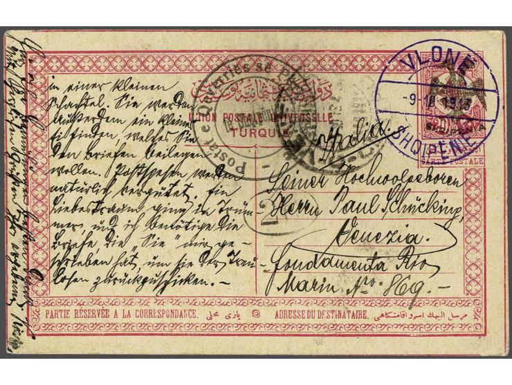 Ottoman Empire postcard 20 para red overprinted with the Albanian Double Eagle from Vlone 9-10-1913 to Venice, very fine. A v