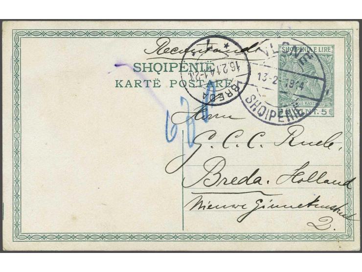 Postcard Skanderbeg 5 qind green from Vlone 13-2-1914 to Breda (Netherlands), very fine. The in German written message mentio