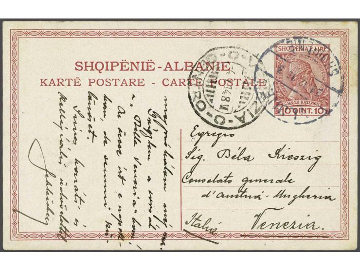 Postcard Skanderbeg 10 qind red from Vlone 31-12-1913 to the Austrian Consul in Venice, fine (fold in upperright corner)