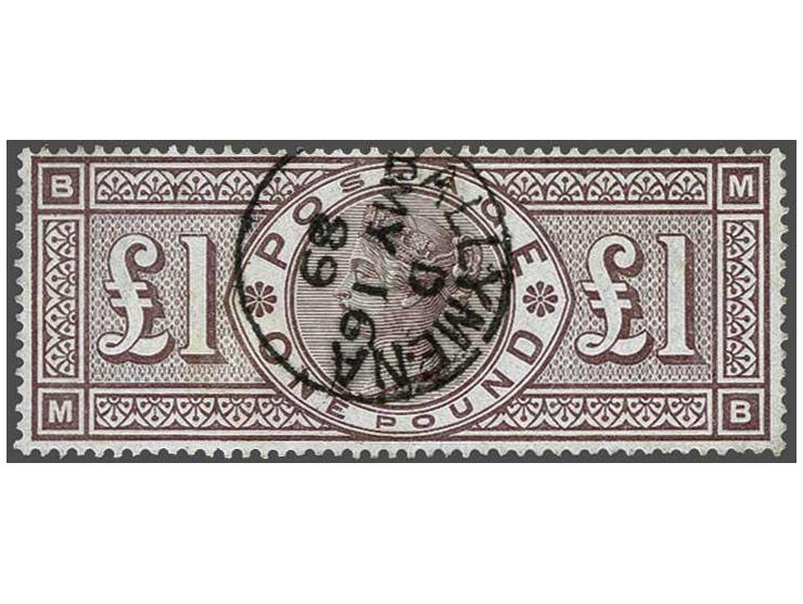 1888 £1 brown-lilac watermark orbs error MB, a fine used ex. with strong colour and neat Ballymena (Northern Ireland) cds 188