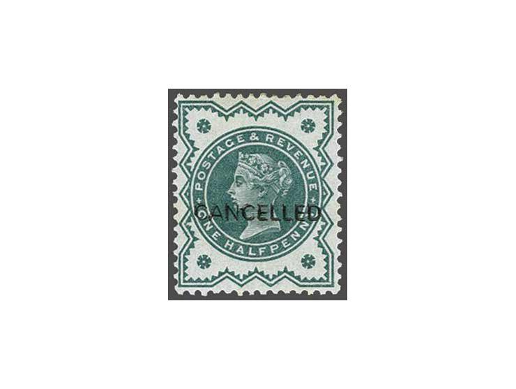 Victoria 1900 ½d dull blue green, a very fine unused o.g. example overprinted CANCELLED type 18, Spec. K28t, cat.v. £ 1250 