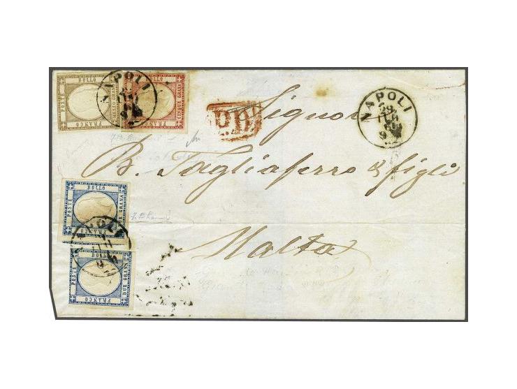 Victor Emanuel II ½ grana brown, 2 grana blue (2x) and 5 grana carmine on cover from Naples 28-7-1861 to Malta. 9½ grana (40 