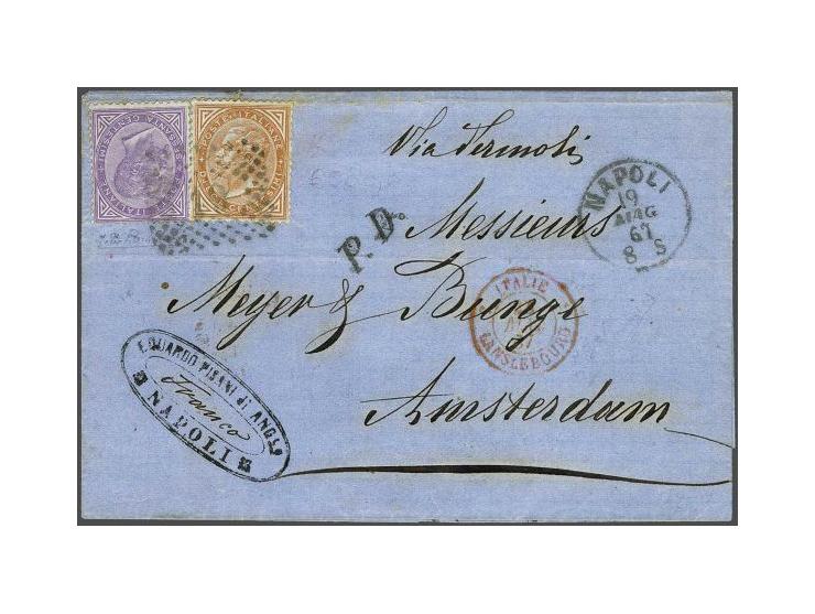 Victor Emanuel II 10 centesimi orange brown and 60 centesimi violet on cover from Naples 19-8-1867 via Lanslebourg to Amsterd