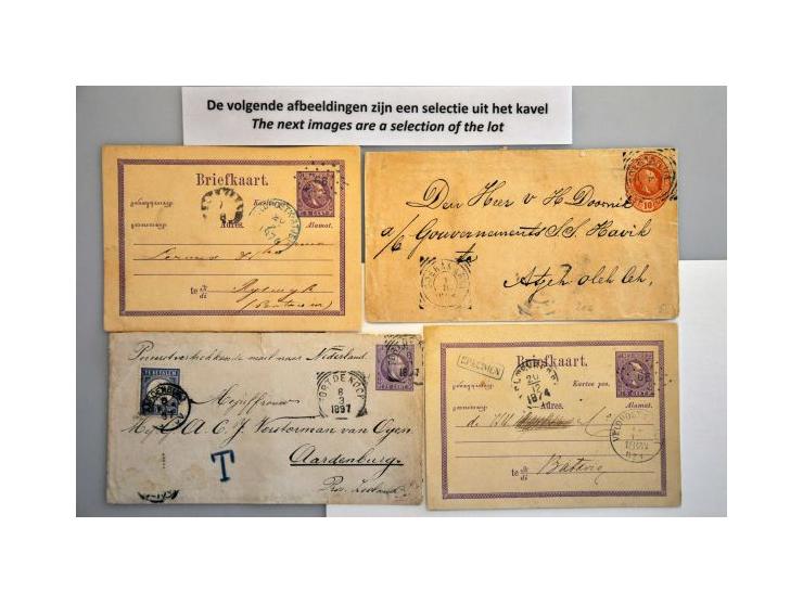 25 poststukken vanaf ca.1874 w.b. Veldpostk.Atjeh No.1 met puntstempel 66 in zwart én in blauw op 2 SPECIMEN briefkaarten en 