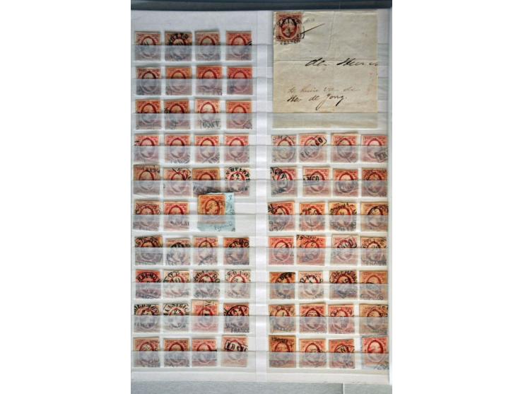 emissie 1852, nrs. 1 (52x w.b. 4 paartjes), 2 (98x) en 3 (7x w.b. 1 paartje) veel met halfrond-francostempels in over het alg