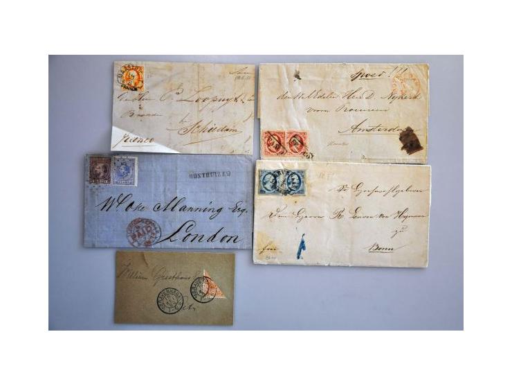 emissies 1852-1876, ca. 30 poststukken w.b. nrs. 11 en 19 op omslag naar Engeland, nr. 18 als bijfrankering op briefkaart, du