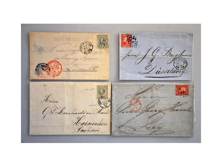 emissies 1852-1876, ca. 30 poststukken w.b. nrs. 11 en 19 op omslag naar Engeland, nr. 18 als bijfrankering op briefkaart, du