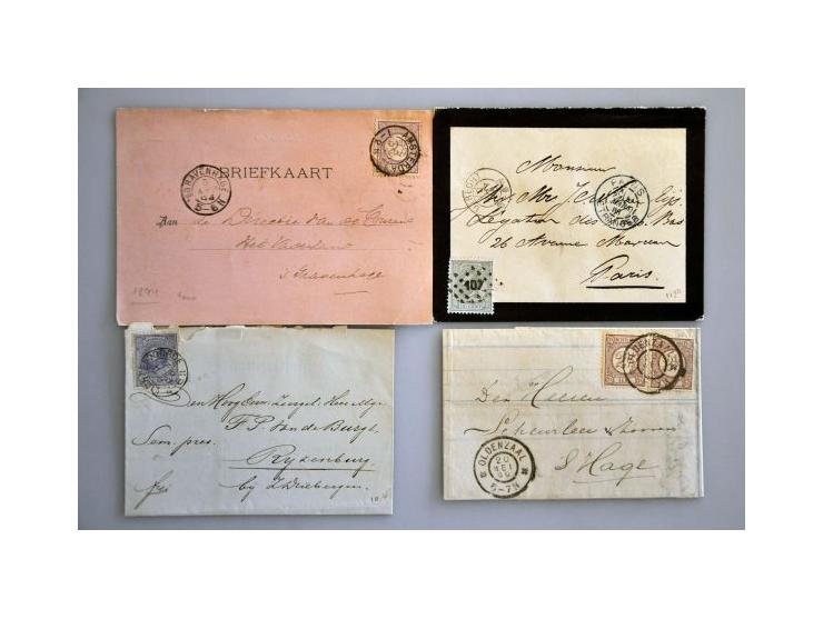 emissies 1852-1876, ca. 30 poststukken w.b. nrs. 11 en 19 op omslag naar Engeland, nr. 18 als bijfrankering op briefkaart, du