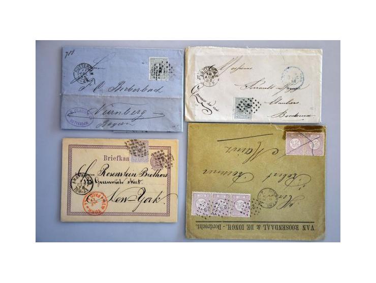 emissies 1852-1876, ca. 30 poststukken w.b. nrs. 11 en 19 op omslag naar Engeland, nr. 18 als bijfrankering op briefkaart, du