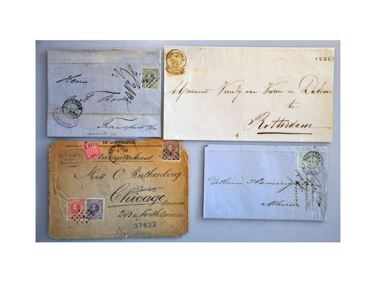 emissies 1852-1876, ca. 30 poststukken w.b. nrs. 11 en 19 op omslag naar Engeland, nr. 18 als bijfrankering op briefkaart, du