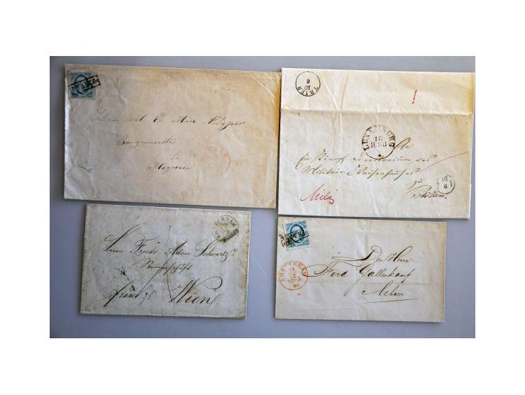 8 poststukken w.b. 6 ex. gefrankeerd met emissie 1852 (o.a. 1 ex. met 4x nr. 3  naar New York, doch 2 zegels ontbrekend, lang