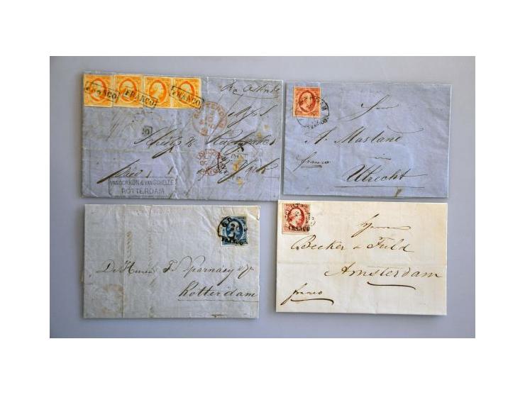 8 poststukken w.b. 6 ex. gefrankeerd met emissie 1852 (o.a. 1 ex. met 4x nr. 3  naar New York, doch 2 zegels ontbrekend, lang