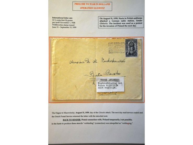 Envelope with 12½ cent 's Gravenhage-Mazowiecky (Poland) 31.VIII.1939, day of the Gleiwitz attack, one day before the invasio