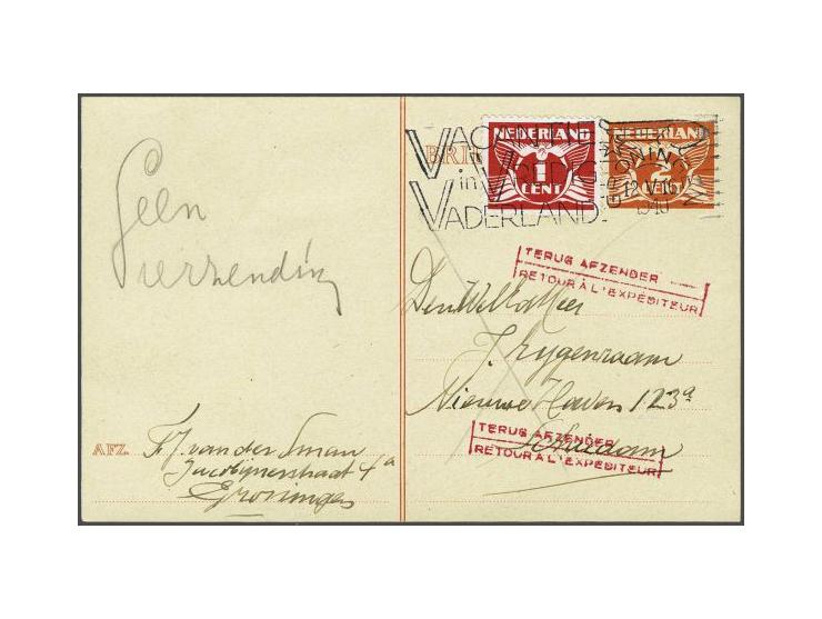 Flag stamp Vacantie/ in Vredig/ Vaderland (Holiday in Peaceful Fatherland) on 2 postcards, 's-Gravenhage 10.V.1940-Eindhoven 