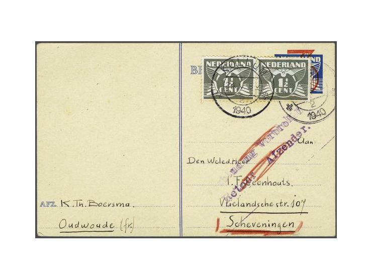 Postcard 3 on 4 cent Kollum-Scheveningen 9.V.1940 (sent from Kollum) with Verbinding Verbroken/ Retour Afzender (broken conne