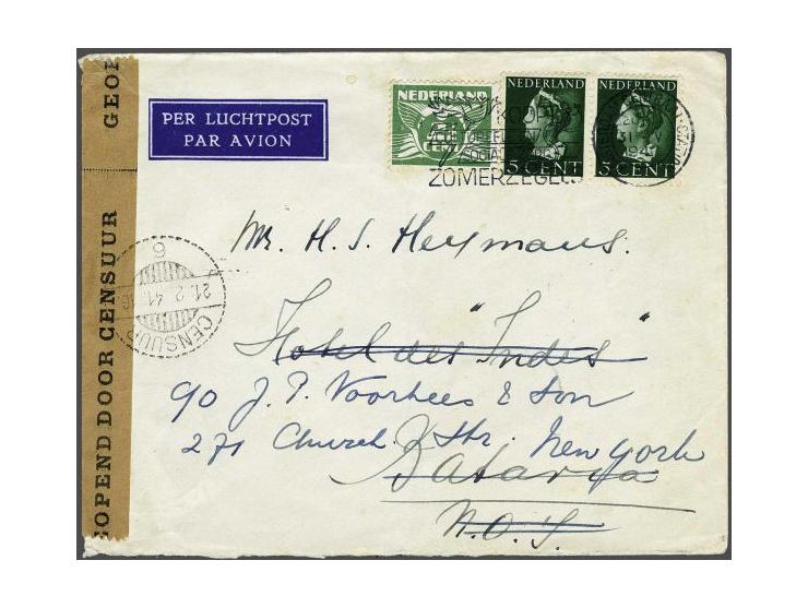 (Air mail) letter with 2½ cent Dove and pair 5 cent Queen Wilhelmina Amsterdam-Batavia 31 May 1940 via Italy by steamer, Neth