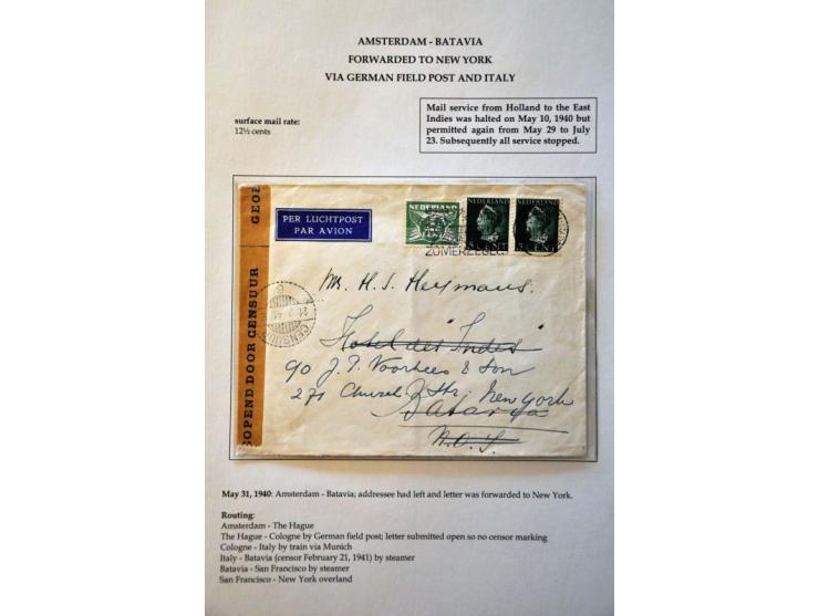 (Air mail) letter with 2½ cent Dove and pair 5 cent Queen Wilhelmina Amsterdam-Batavia 31 May 1940 via Italy by steamer, Neth