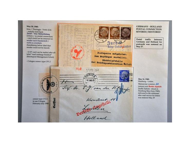 8 envelopes April-May 1940 from abroad to the Netherlands, including 1 from Surinam (delivered after 5½ years to Maastricht 3