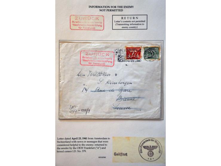 6 letters September 1940-May 1943, all to Germany and refused by the censor (cancels or labels Zurück, Terug afzender, Retour