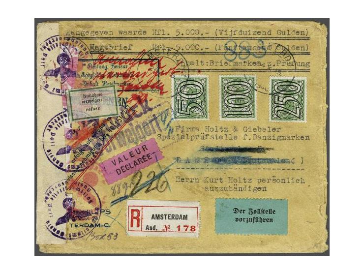 Registered insured (Hfl.5000,-) letter with 50, 100 and 250 cent tralie from Amsterdam 24.X.1940 to Danzig (content Danzig st