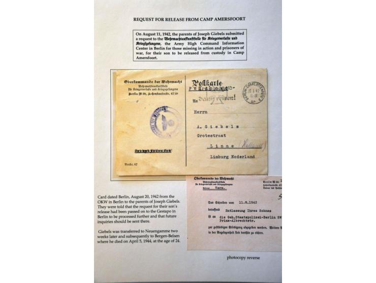 16 letters and forms from German camps in the Netherlands Camp Haaren, Westerbork (including banknotes of 10 and 100 cent), A