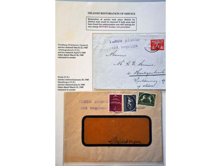 Liberation 1944-1945, 21 letters including 3x blue No. 8 SQDN NETHERLANDS . AIR . FORCES, purple Niet toegelaten on letter La