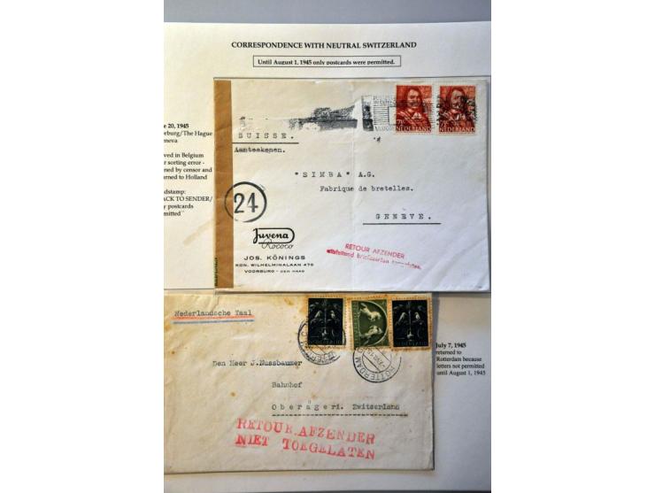 (Not) restoration postal services, 22 letters April 1945-November 1945 including Terug afzender Niet toegelaten (return sende