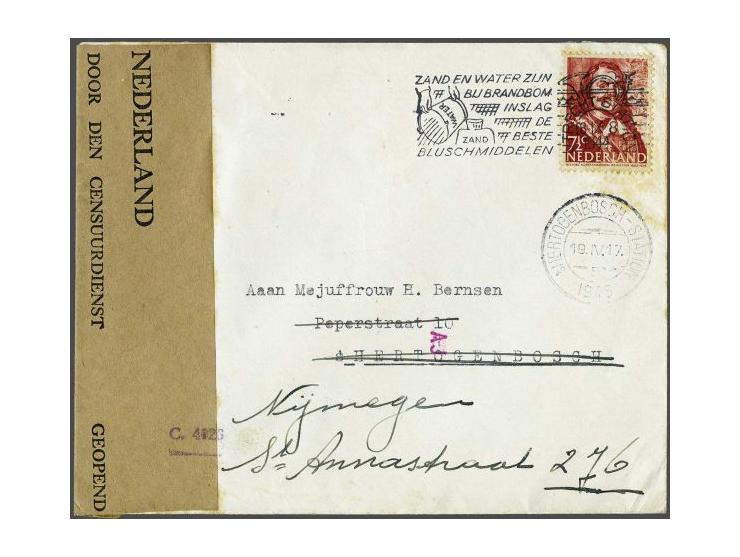 Envelope with 7½ cent from Utrecht-Station 18.IX.1944 to 's-Hertogenbosch, delayed because of the fighting, with Dutch censor