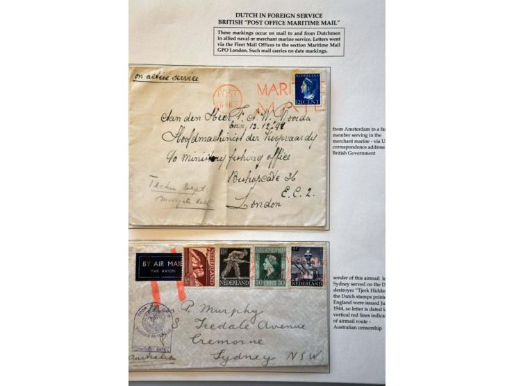 2 letters 1944, both with red MARITIME MAIL on 12½ cent Queen Wilhelmina on letter to London and on letter with 1½, 3, 5 and 