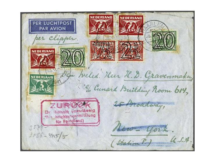 Air mail envelope (77½ cent franking, 12½ postage and 2x 32½ per 5 grams) from Haarlem 9.V.1941 (45 cent, on 13.V another 32½