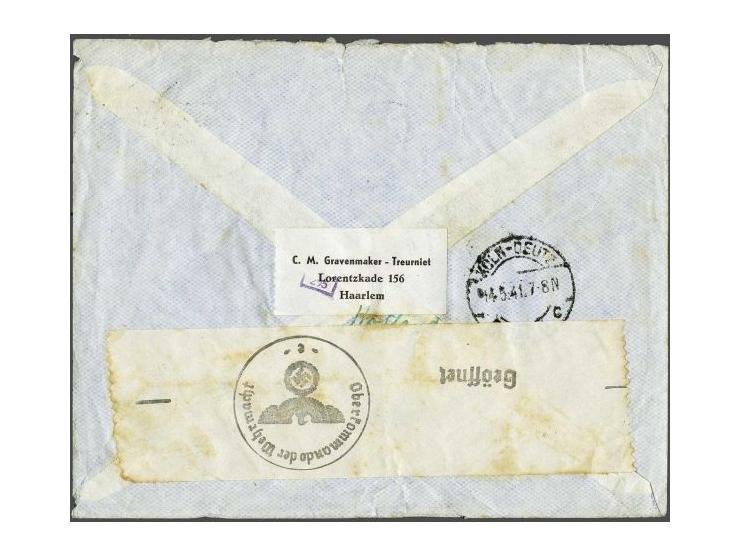 Air mail envelope (77½ cent franking, 12½ postage and 2x 32½ per 5 grams) from Haarlem 9.V.1941 (45 cent, on 13.V another 32½