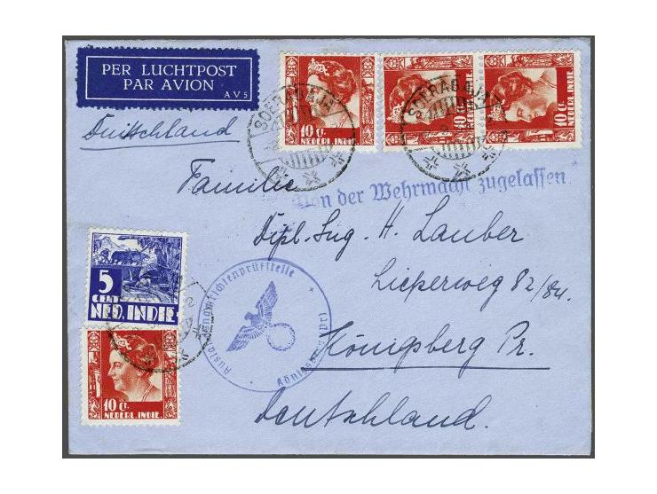 Neth.Indies airmail letter from Soerabaja 2.9.39 to Königsberg (45 cent franking) with German Auslandsnachrichtenprüfstelle K