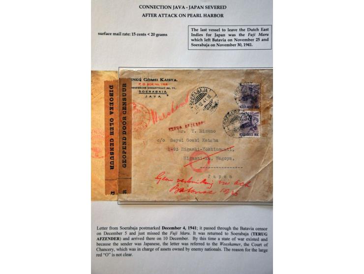 Netherlands Indies censored letter (brown label and red cancel censuur 5 5.12.41) from Soerabaja 4.12.41 to Nagoya Japan, wri