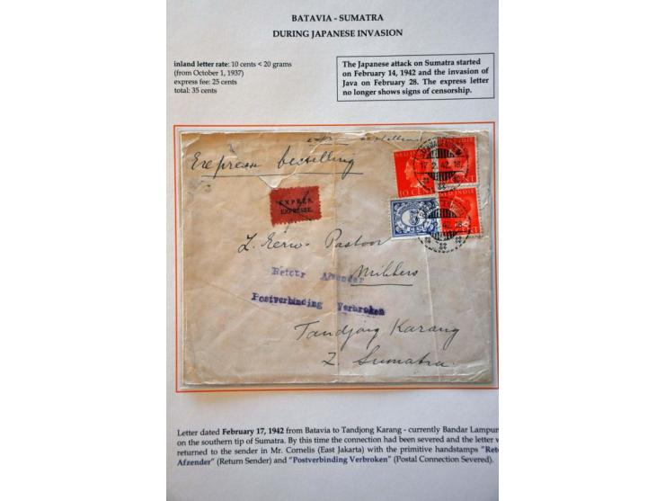 Netherlands Indies express letter from Batavia-Centrum 17.2.42 to Tandjong Karang (South Sumatra) with 5 cent 3 ex. 10 cent Q