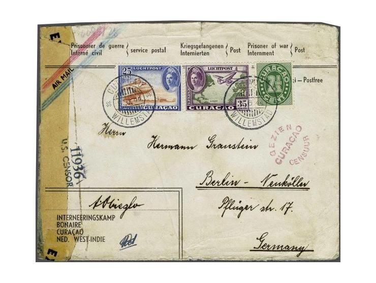 Curaçao letter from Interneeringskamp Bonaire with 62½ cent to Berlin 5.6.44 with Curaçao, USA and Geman (Berlin) censor and 