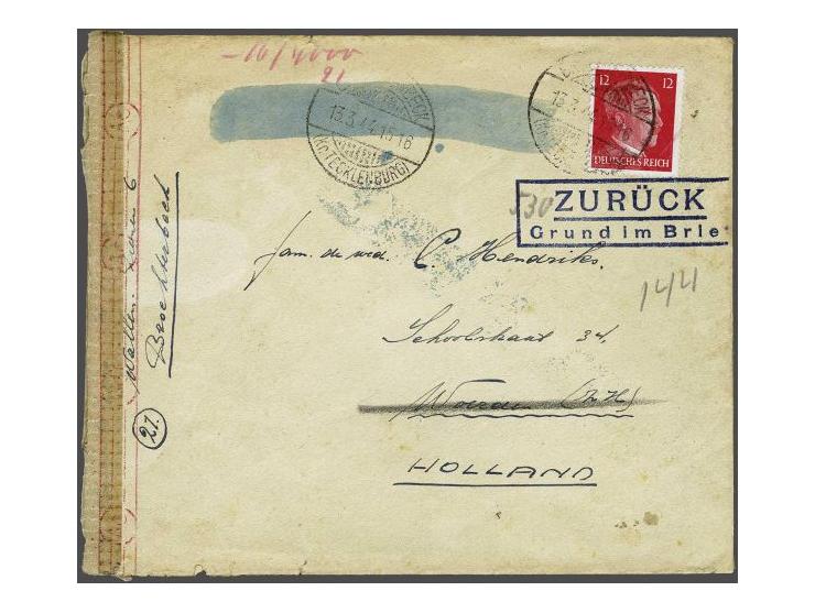 Germany letter with 12 Pf Hitler from Broehterbeck (Kr. Tecklenburg) 13.3.44 to Woerden (Netherlands) with Ac censor (Cologne