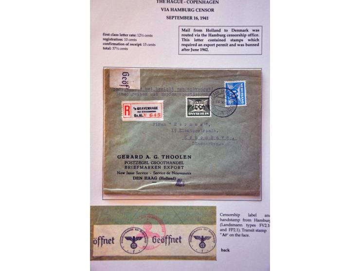 'f ' Hamburg censor on 5 letters 1942-1944 from the Netherlands to Scandinavia and 1 Kobenhaven-Leiden to Bayern and 1 letter