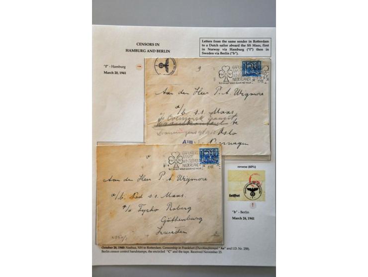 'f ' Hamburg censor on 5 letters 1942-1944 from the Netherlands to Scandinavia and 1 Kobenhaven-Leiden to Bayern and 1 letter