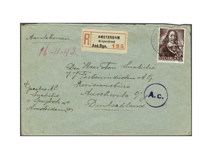 Concentration Camp Dachau, registered letter (with 20 cents) to a worker in the Farbenindustrie A.G. (from Amsterdam Borgerst